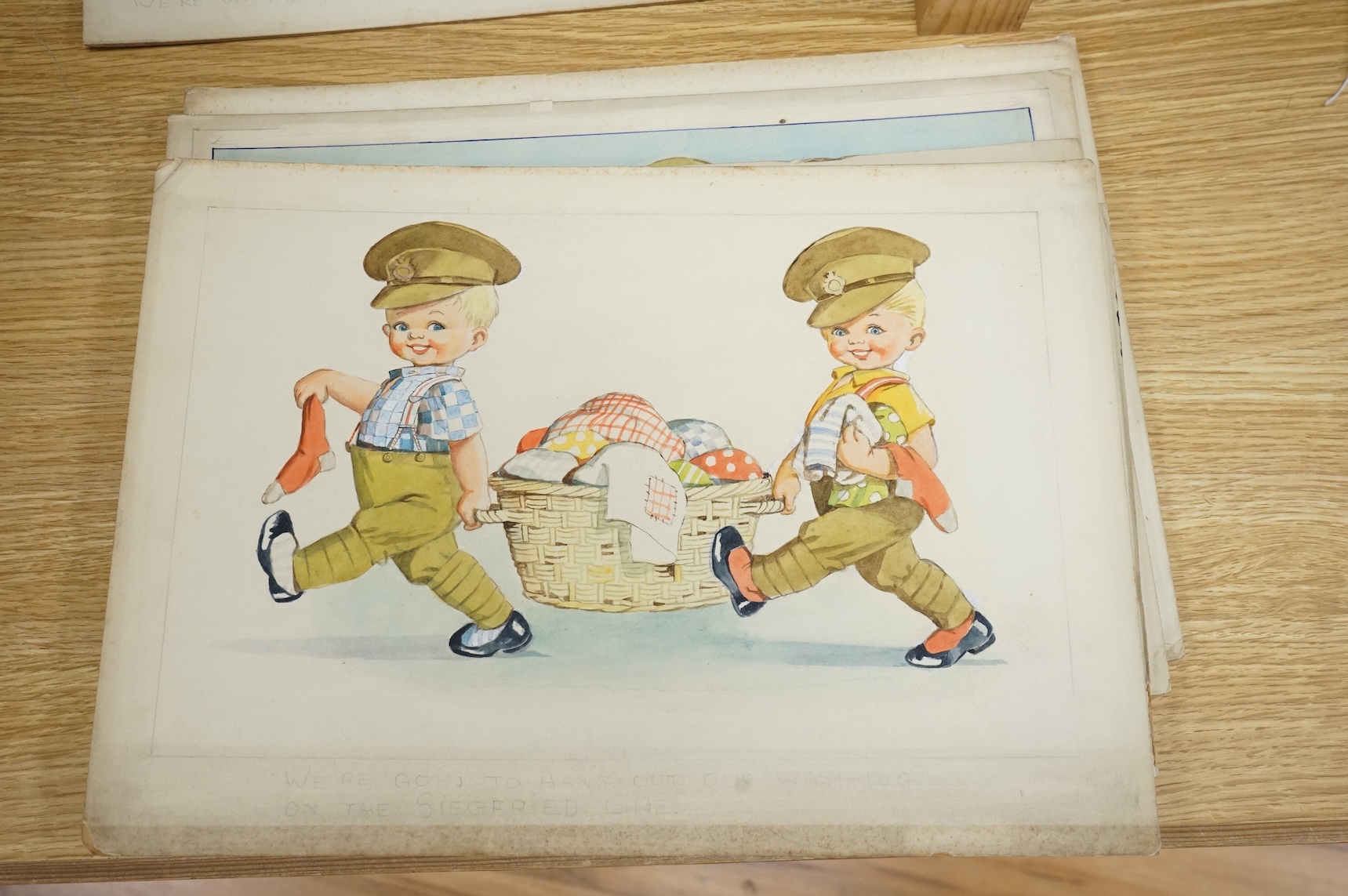 Madge Williams (1902-1986), a set of six original watercolours for children's postcard artworks, WWII examples to include The Home Guard, Caught by the Siren and But you said - Fall In, some signed with inscriptions, unf